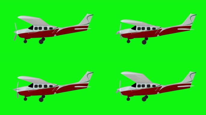 动画螺旋桨飞机。旧白色飞机。逼真的物理动画。绿屏镜头