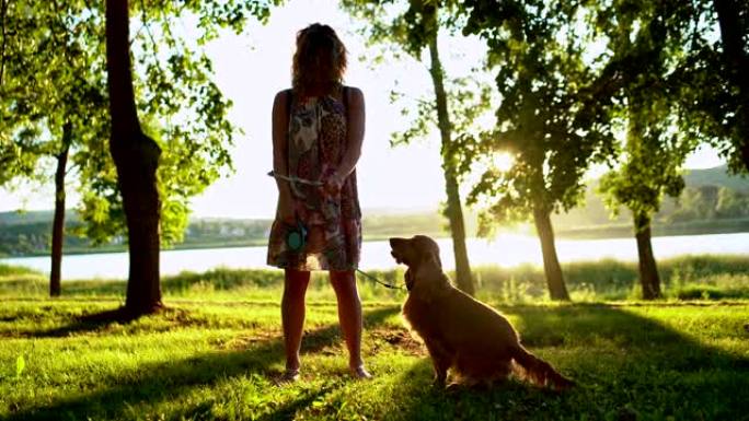 日落时与狗在湖边放松