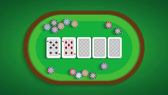 扑克桌上有三个。卡片在桌子上翻过来。平面风格的运动图形。