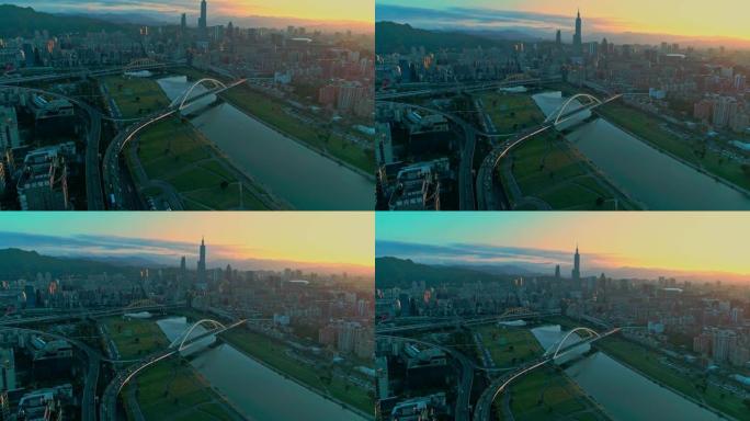 台北ciyt的空中拍摄与日落反射