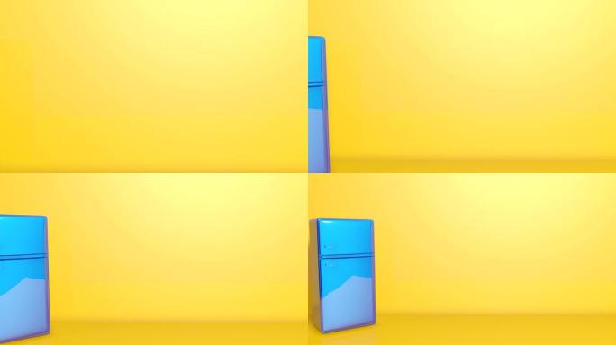 黄色背景动画上的3d蓝色冰箱冰箱厨房电器