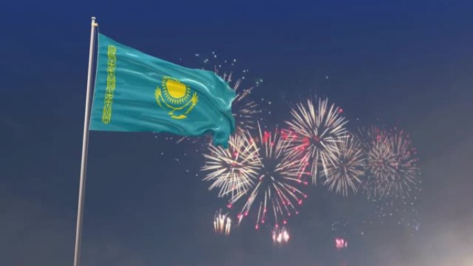 哈萨克斯坦国旗与烟花背景