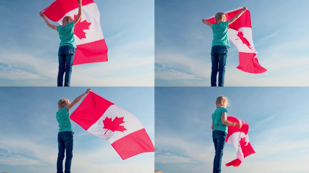 4k。夏天，金发女孩在蓝天上户外挥舞加拿大国旗 -- 加拿大日，国家，爱国主义，独立日7月1日