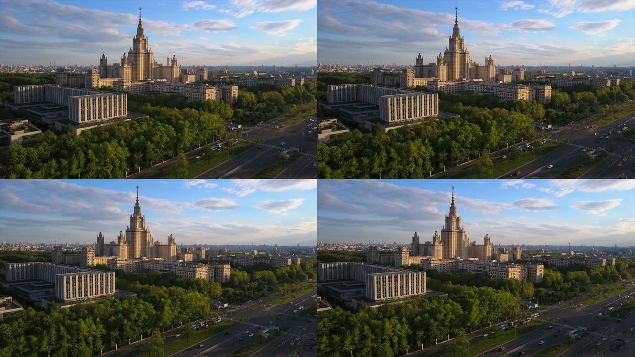 俄罗斯日落之夜莫斯科国立大学罗蒙诺索夫展望航空全景4k