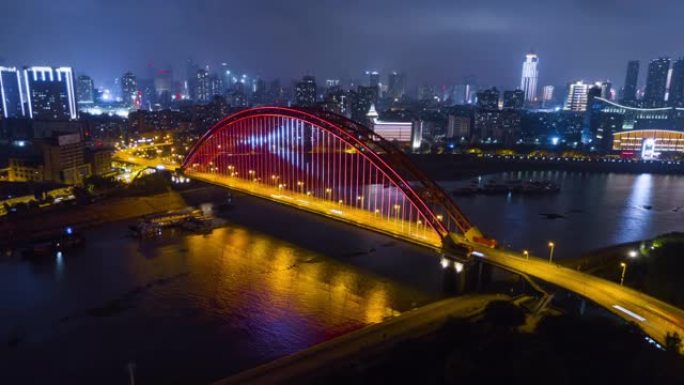 中国夜间照明武汉城市景观青川桥空中全景4k延时