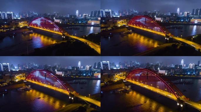 中国夜间照明武汉城市景观青川桥空中全景4k延时