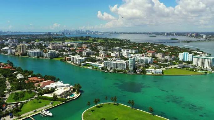空中视频迈阿密海滩海滨场景在一个美好的多彩一天