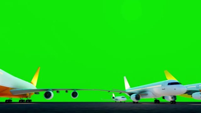 许多飞机停在机场停机坪上，绿屏背景