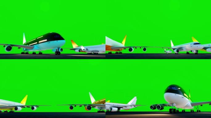 许多飞机停在机场停机坪上，绿屏背景