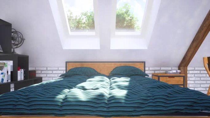 阁楼卧室室内3D动画双人床特写
