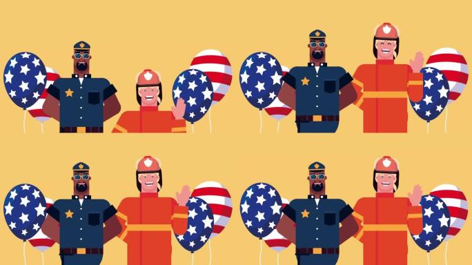 庆祝劳动节快乐，警察和消防员和美国国旗气球氦气