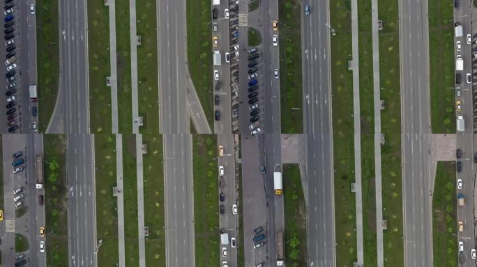 从无人机鸟瞰图拍摄的六条车道上行驶的汽车