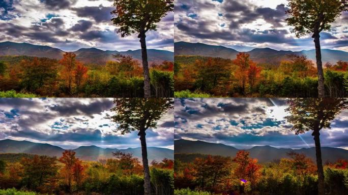 烟雾山国家公园俯瞰秋天的树叶和秋天的彩色叶子，太阳光线延时4K，烟雾山国家公园俯瞰秋天的树叶和秋天