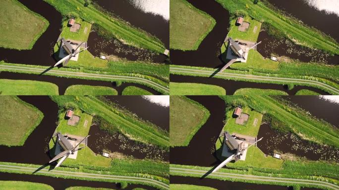荷兰景观中的传统风车空中拍摄俯视鸟瞰