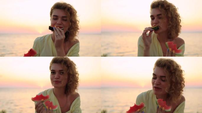 坐在海边吃西瓜的美女