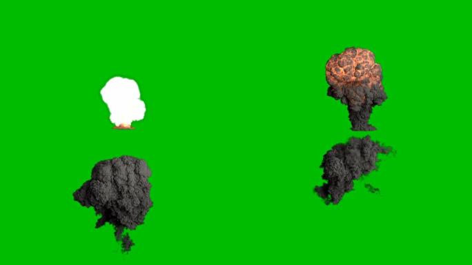带有黑烟的炸药的强大爆炸。黑烟爆炸，炸弹或燃料爆炸，真正的烟雾。绿屏前的VFX动画。