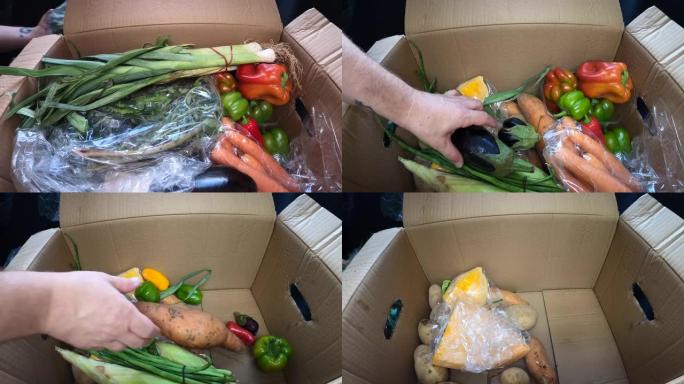 从盒子里取出有机蔬菜。高质量延时镜头