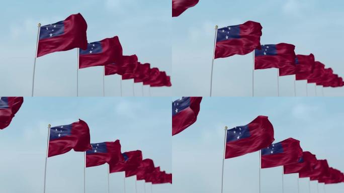 一排挥舞着萨摩亚国旗的旗帜