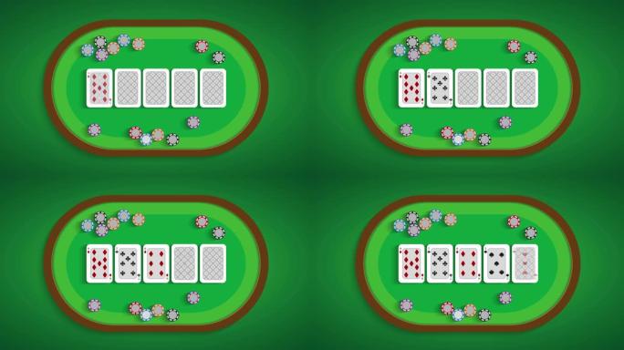 九低在扑克桌上。卡片在桌子上翻过来。平面风格的运动图形。