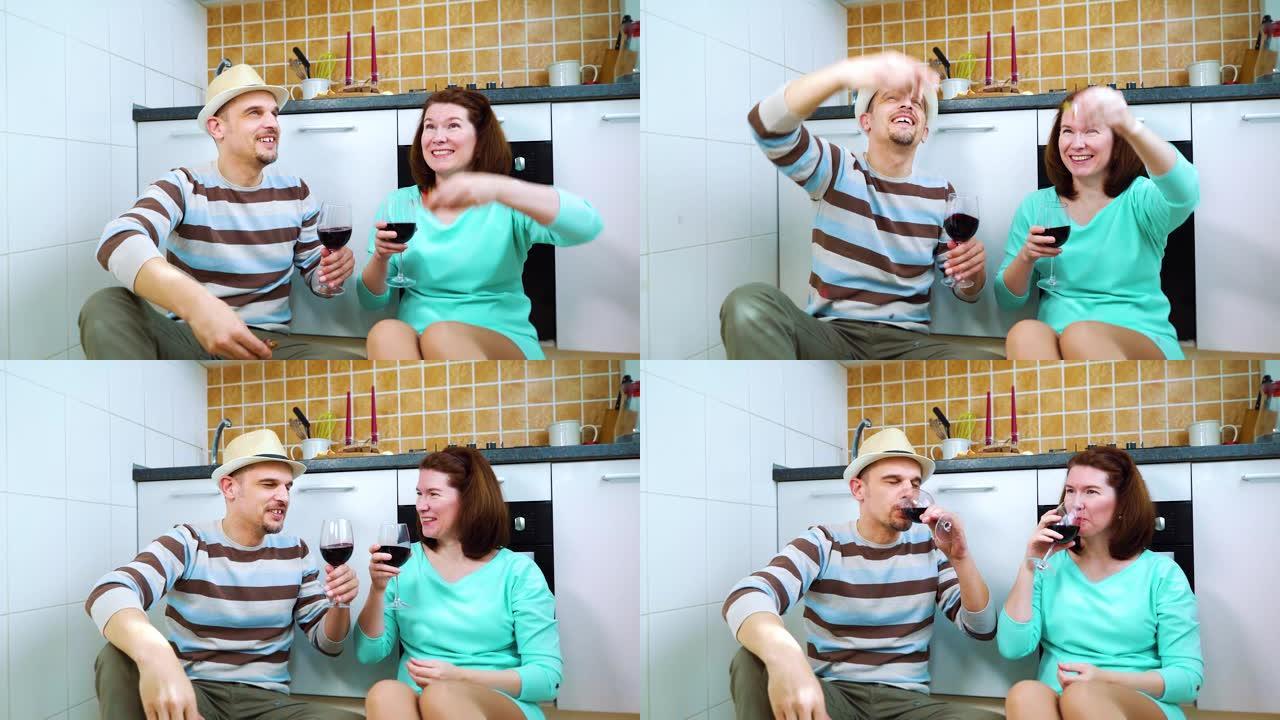 幸福的夫妻在家里用葡萄酒和五彩纸屑聚会时社交距离
