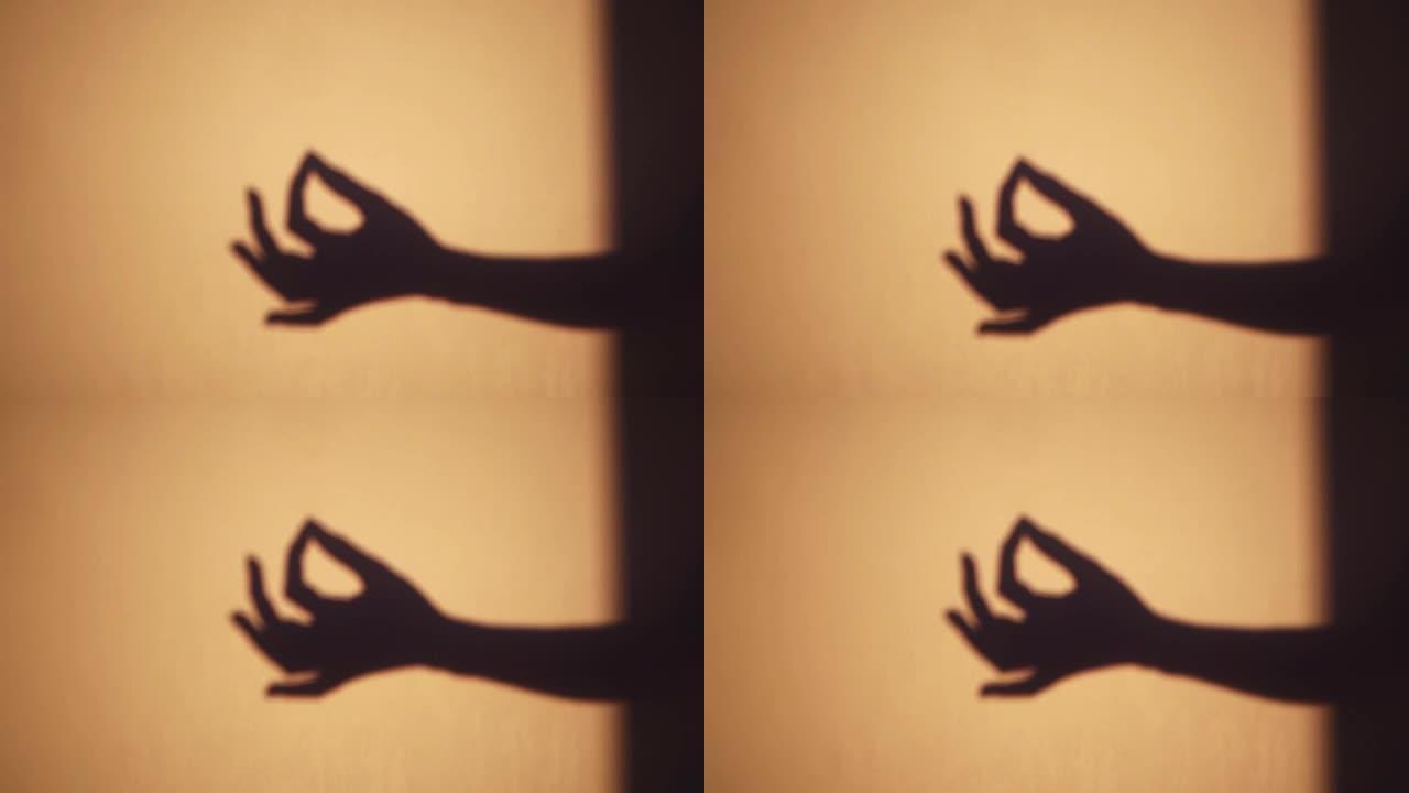 Jnana手印符号-日落时女性手的阴影。印度教，佛教概念slowmo