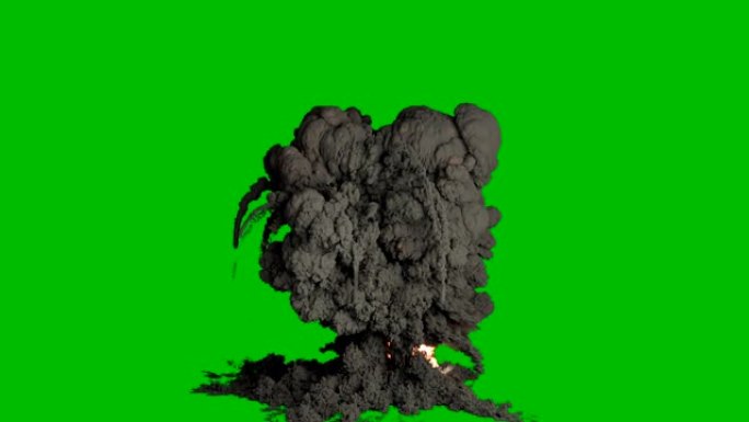 黑烟的强烈爆炸。浓烟的爆炸，大火和炸弹爆炸，真正的烟雾。绿屏前的VFX动画。