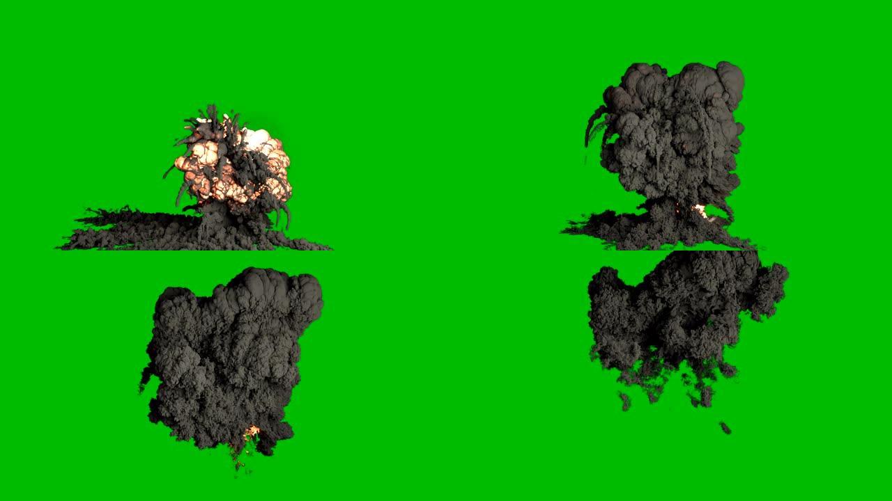 黑烟的强烈爆炸。浓烟的爆炸，大火和炸弹爆炸，真正的烟雾。绿屏前的VFX动画。