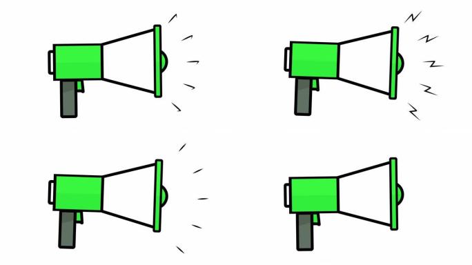 扬声器抗议内乱符号或图标，2d平面动画循环绿色