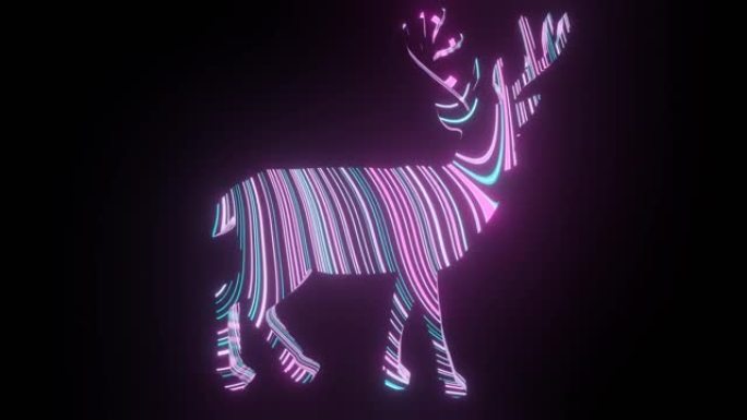 高清视频动画美丽的彩色线条纹理或图案形成在鹿的身体形状上，孤立在黑色背景上。驯鹿上的3d渲染抽象循环