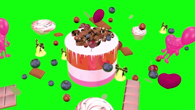 生日蛋糕和生日礼物绿屏。3D渲染