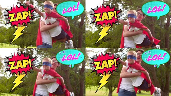 Zap和lol关于语音泡沫的文字反对父亲带着他的儿子穿着超级英雄服装