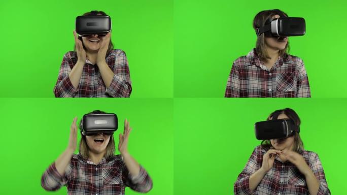 女孩使用虚拟现实应用头盔玩模拟恐怖游戏。女人看虚拟现实3D视频