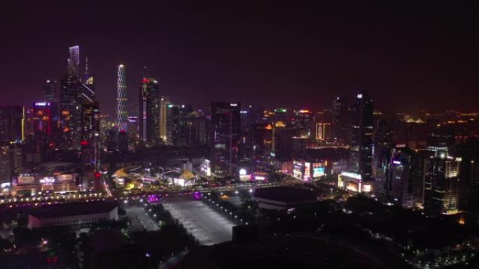 夜景照明广州市市中心著名购物中心交通街空中全景4k中国
