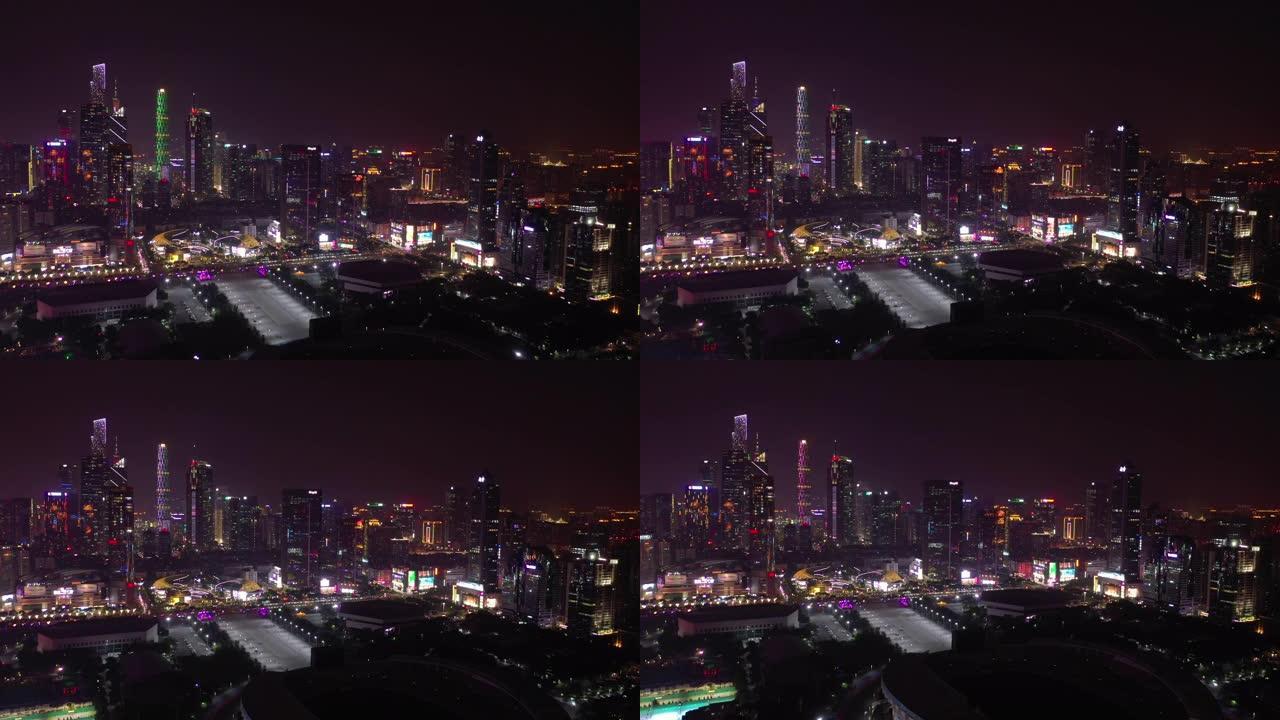 夜景照明广州市市中心著名购物中心交通街空中全景4k中国