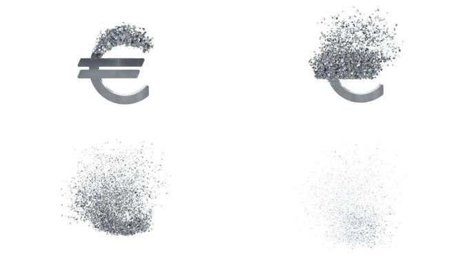破碎的欧元价值3d模型，消失的效果。金融危机的概念。
