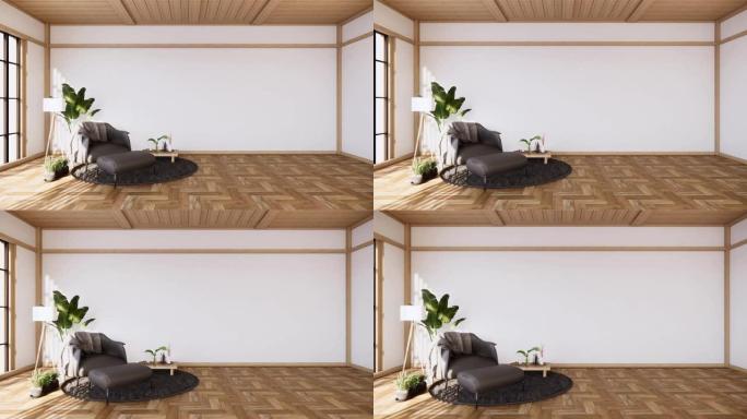 榻榻米地板上的空房间沙发日本设计，3D渲染