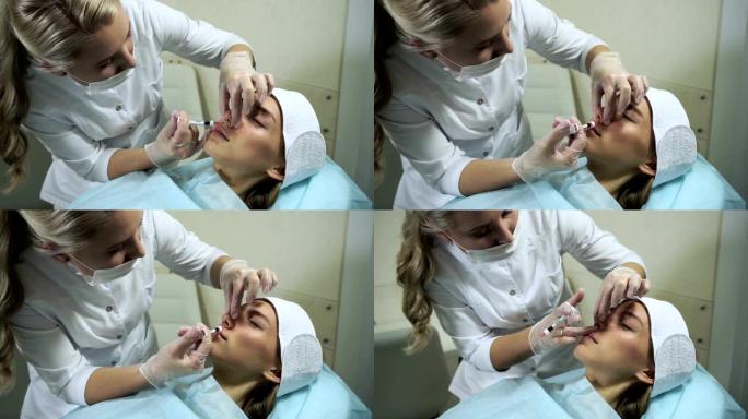 整形外科医生为女性患者矫正鼻子形状。在诊所做美容手术的美容师。美容和美容概念。高清
