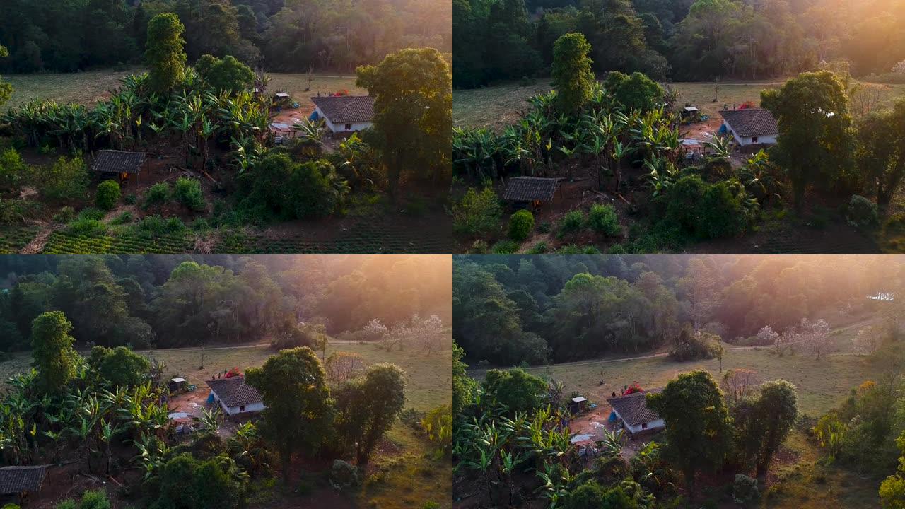 洪都拉斯一栋典型的乡村房屋的鸟瞰图，用粘土和土坯制成。