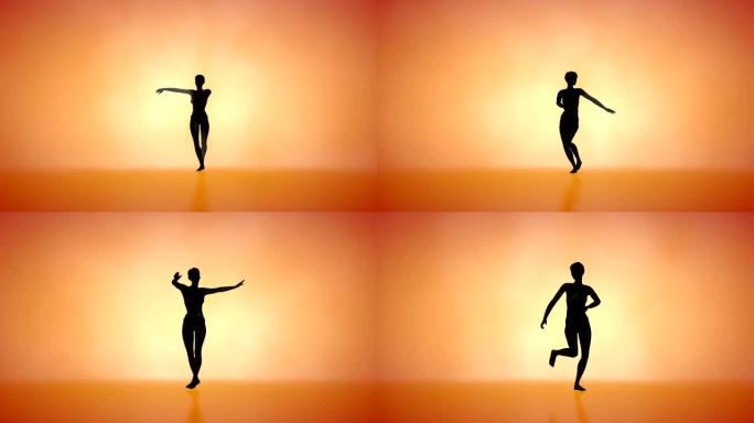 黑人妇女在明亮的灯光下跳桑巴舞，橙色的工作室
