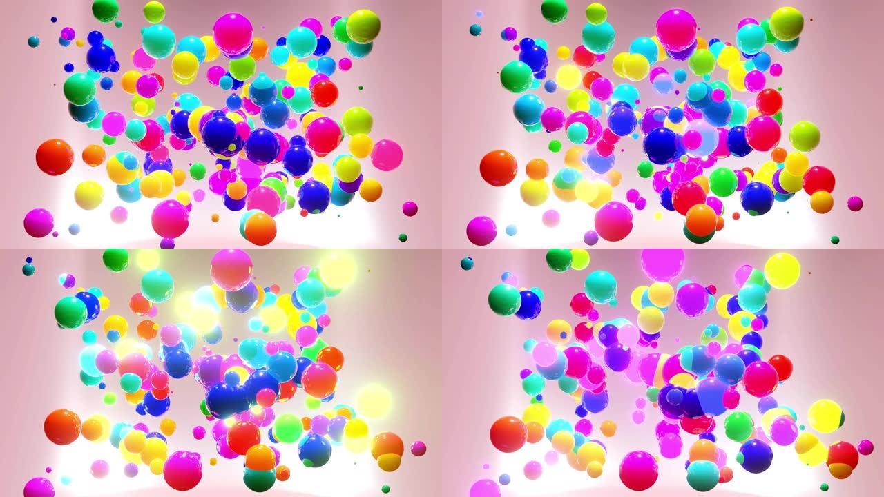 空气中彩色球的抽象组成，它们随机发光并相互反射。空气中的彩色球体作为简单的几何光背景，在灯光室中具有