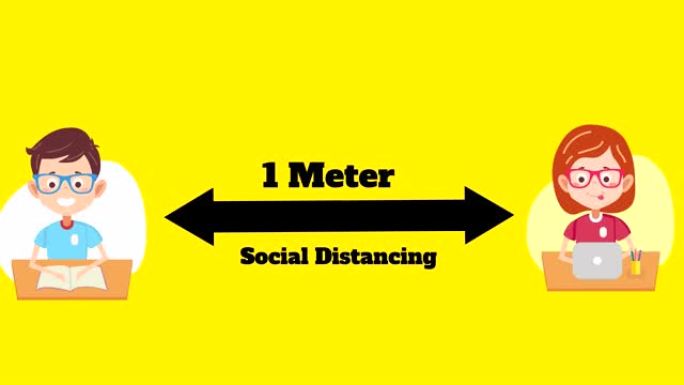 学校女孩和学校男孩图标保持1米的社交距离在黄色背景