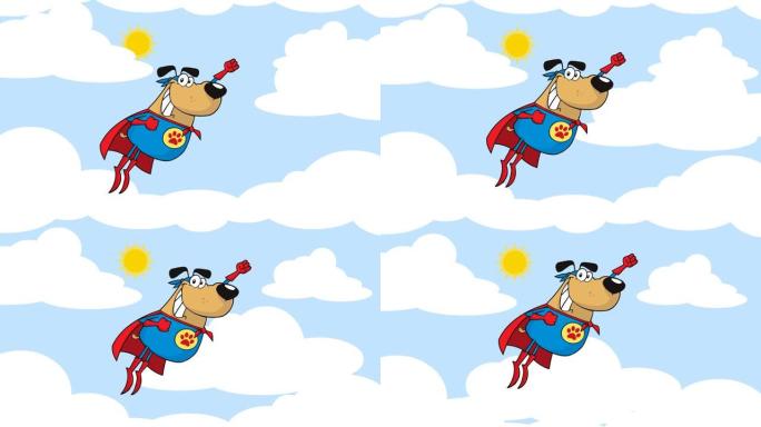 超级英雄狗卡通人物在天空中飞翔