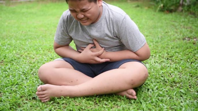 肥胖的胖男孩坐在草坪上因食物中毒而胃痛