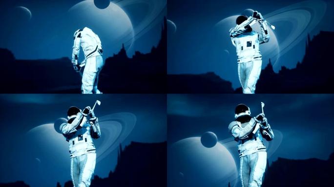 一名研究宇航员在一个外星人无人居住的星球上打高尔夫球。幻想、未来或太空旅行背景的动画。