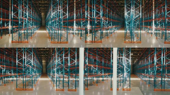 仓库建筑侧视图。金属上的太阳反射。一排排金属框架。透过窗户的阳光