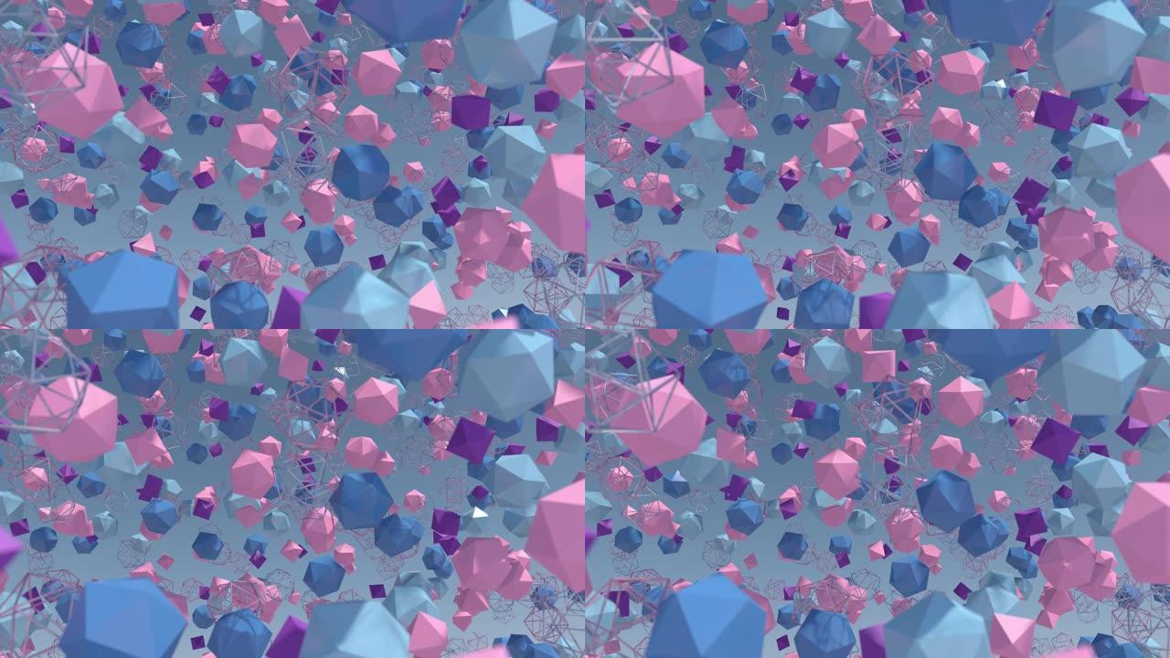 粉红色、蓝色、紫色多面体。蓝色背景。抽象动画，3d渲染。