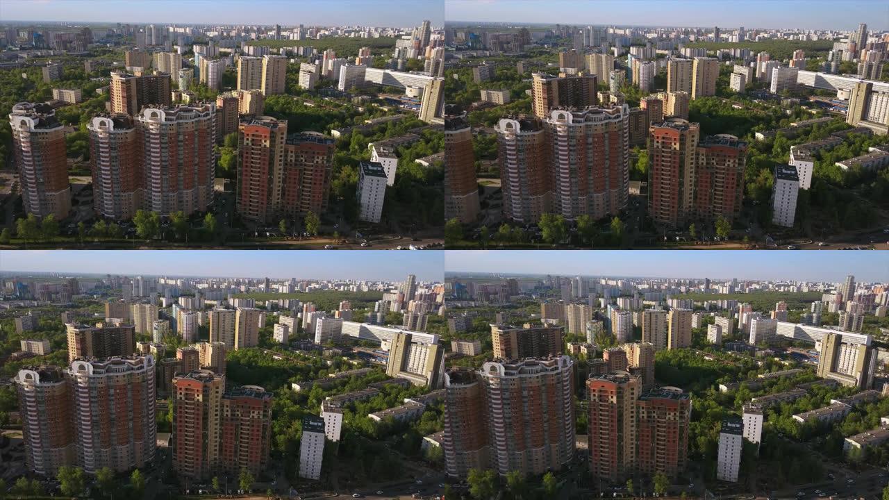 俄罗斯晴天莫斯科市麻雀山生活街区空中全景4k