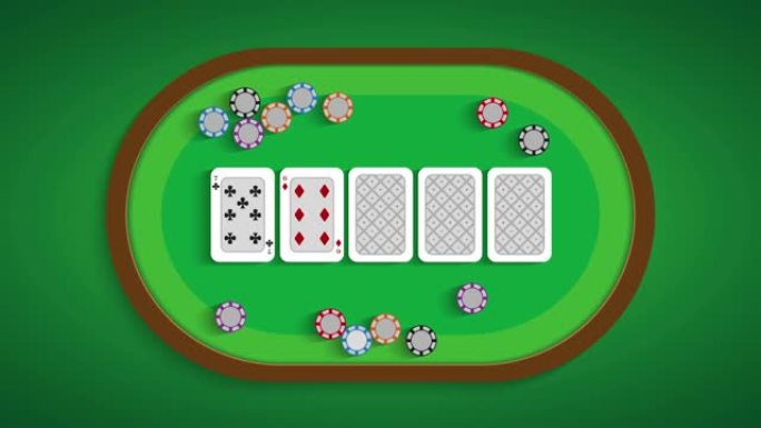 七低在扑克桌上。卡片在桌子上翻过来。平面风格的运动图形。