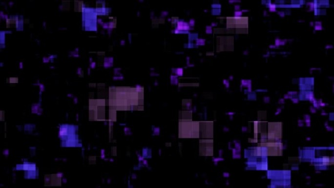 关于矩形发光正方形的2D动画。图形在黑色背景上缓慢上升。颜色是蓝色和紫色。