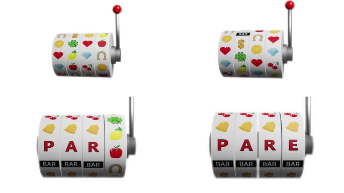 老虎机的轮子在西班牙语中形成 “停止” 一词。赌博成瘾概念。3d动画。